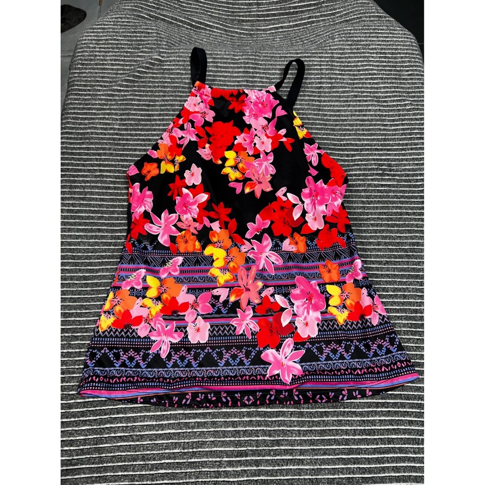 Womens High Neck Floral Tankini Top Black Pink Tropical Swimwear Size Medium
